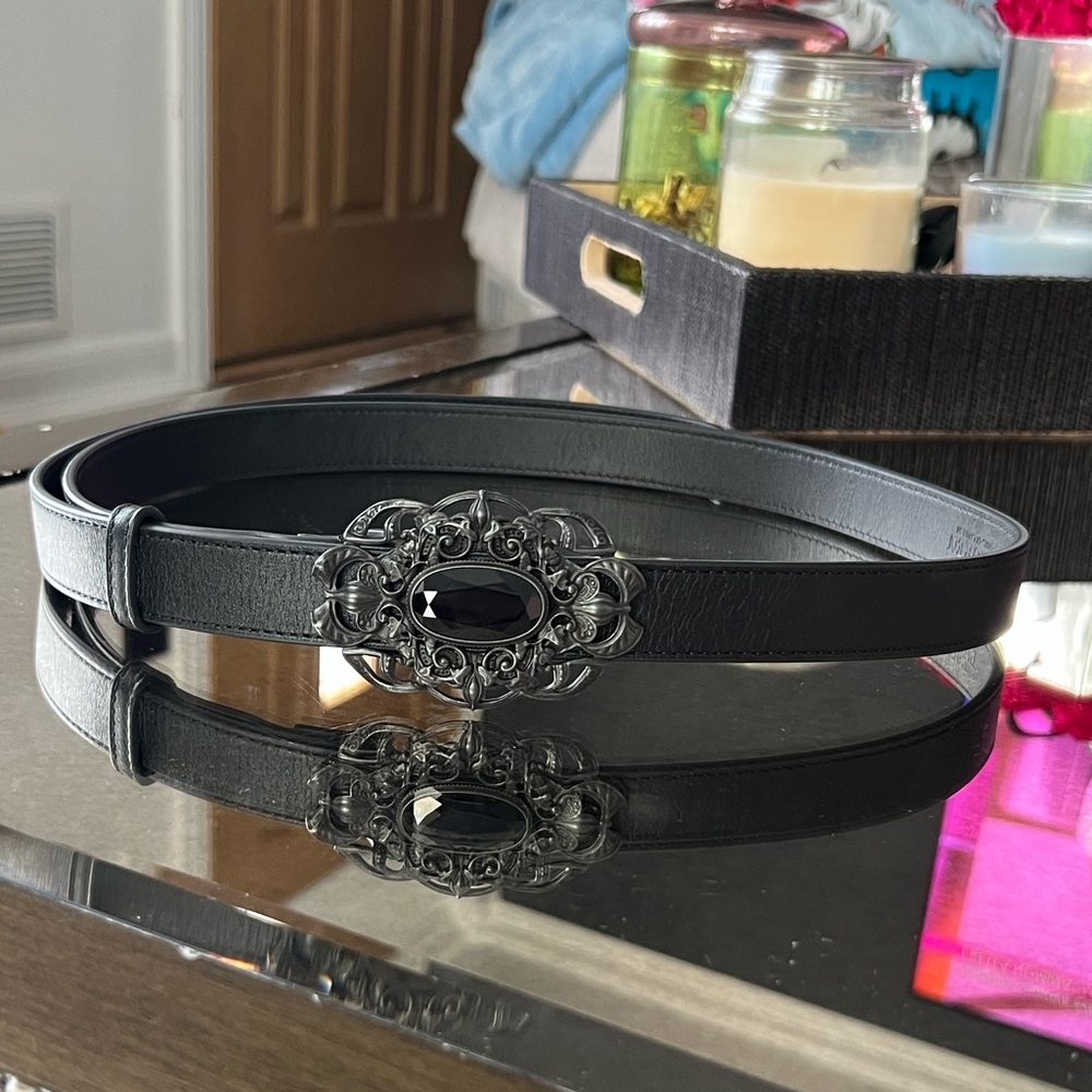 Lauren Ralph Lauren Black Leather Belt with Ornate Gunmetal Buckle size 1X